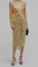 $598 Badgley Mischka Women's Gold Sequined V-Neck Long Sleeve Shift Dress Size 8