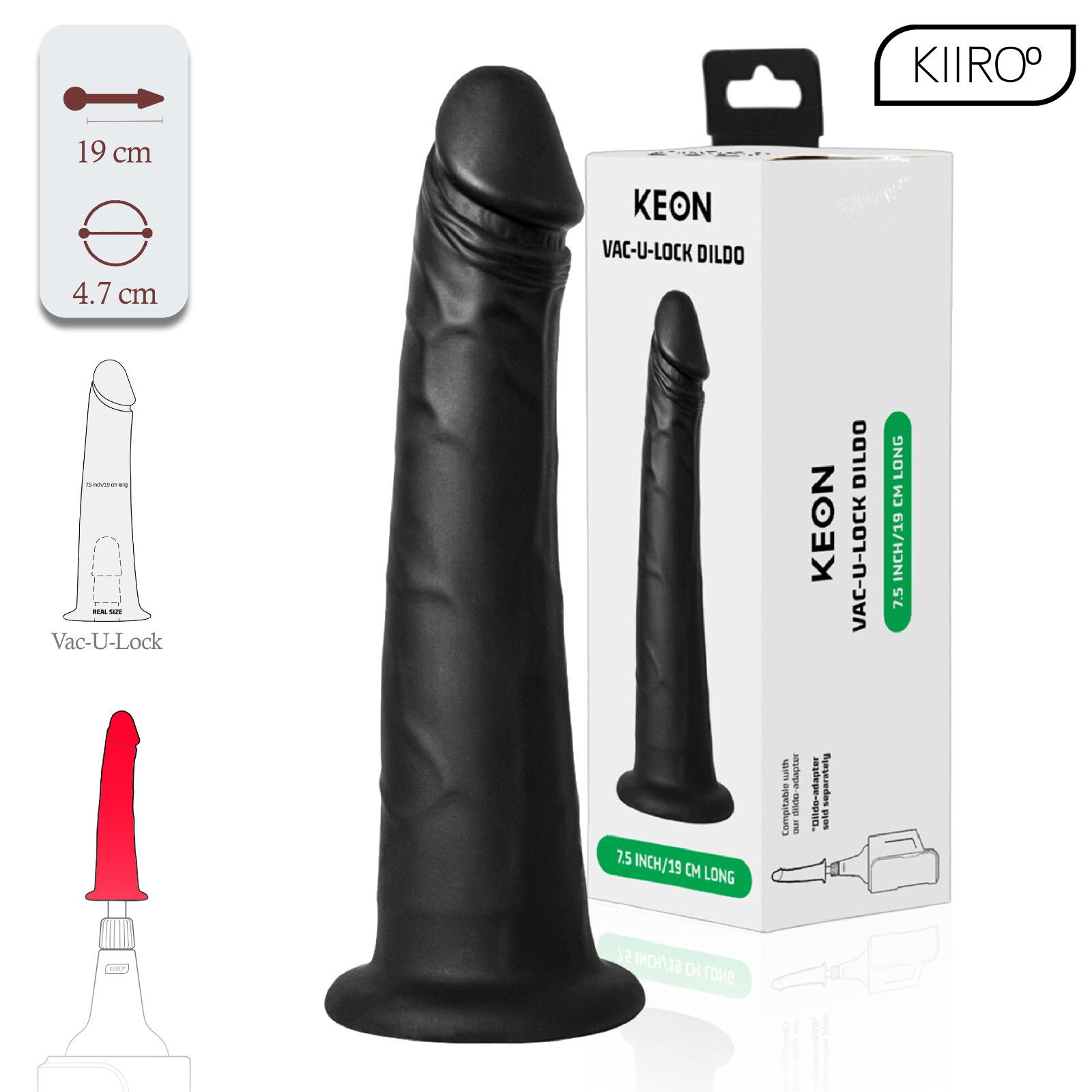 Kiiroo Keon Vac-U-Lock Dildo - 7" Realistic Black Silicone Penis, 19 cm Curved