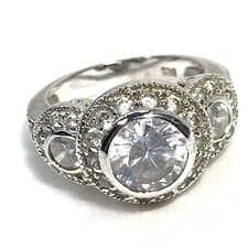 925 Sterling Silver CZ Ring Clear 3 Stones Halo Sz 7.25 Cubic Zircon