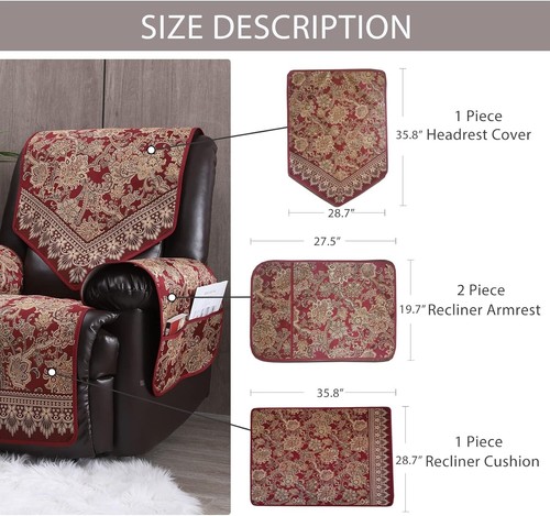 Red Jacquard Recliner Chair Covers - Non-Slip & Protects Against Pets - Picture 8 of 10