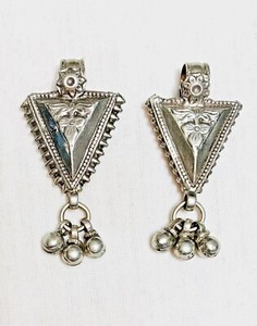 Set of Two Antique Rajasthan India High Silver Triangular Pendant Beads Dangles