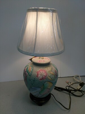 VINTAGE MULTICOLOR FLORAL FRUIT TABLE LAMP WITH WHITE CREAM SHADE (29A)