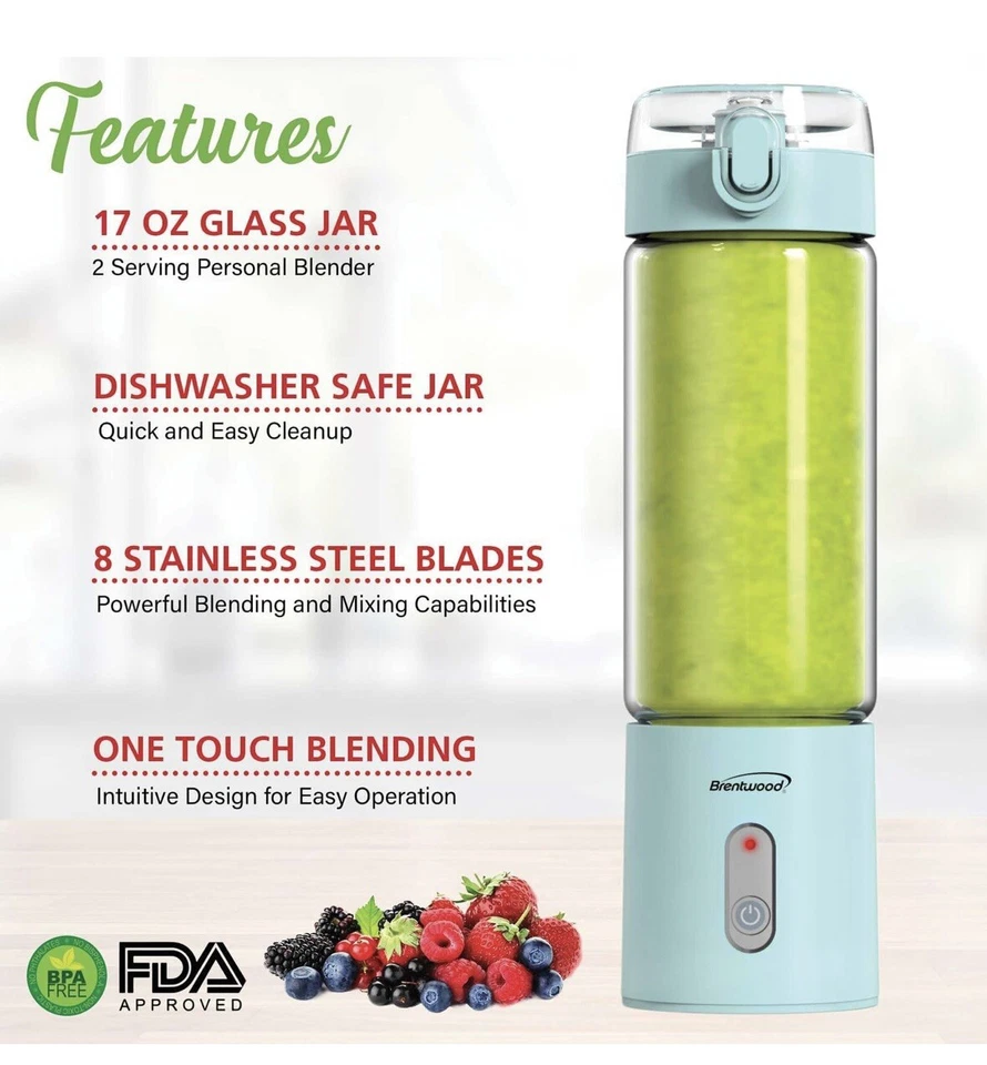 Brentwood 17 oz. Batidora de vidrio portátil recargable (azul) Foto 4 de 4