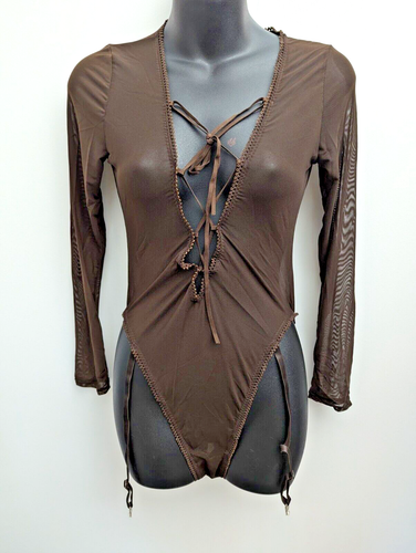 Frederick's Of Hollywood Size M Dark Brown Sheer Lace UP Garter Teddy