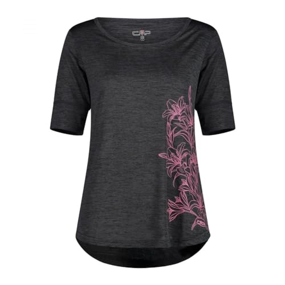 (TG. 48) CMP - T-shirt in light jersey melange da donna , Antracite Mel.-Pink Fl