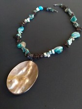 Large Seashell Pendant and Sea Glass Stone Bead Necklace