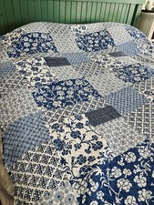 Queen Size Patchwork Blue White Floral Plaid Coverlet Quilted Bedspread  Shams