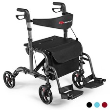 Folding Medical Rollator Walker Aluminum Transport Chair Adjustable Handle Black