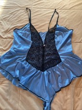 Vtg Lingerie Romper Teddy Nylon Lace Plus Size 3x Blue Black Ruffled Rosette