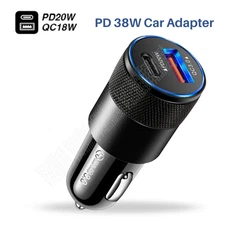USB C Car Phone Fast Charger Plug 12V 38W PD/QC USB A Adapter Cigarette Lighter