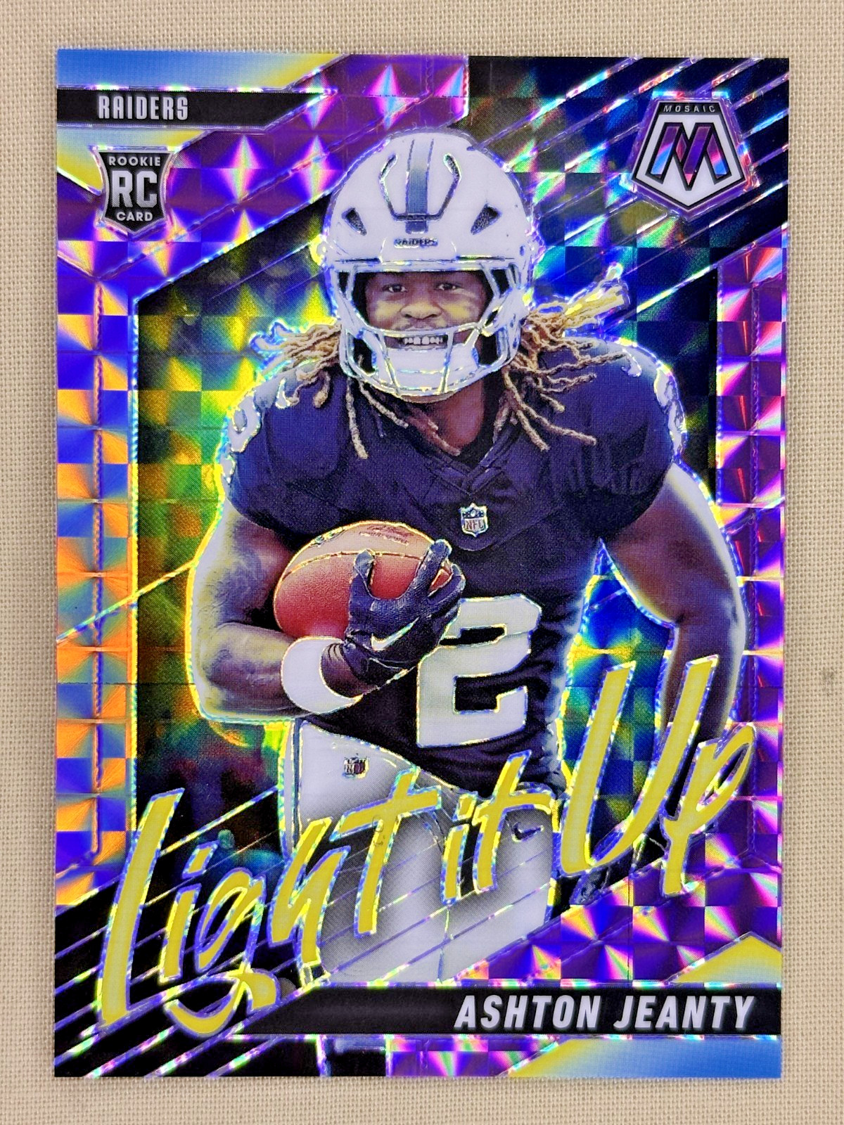 2025 Panini Mosaic Ashton Jeanty RC LIGHT IT UP Purple Mosaic /49 LV Raiders #13