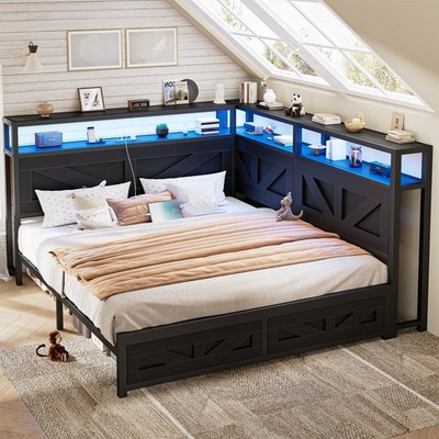 Corner Queen Size Bed Frame with Headboard and Storage Bookcase Large Capacity