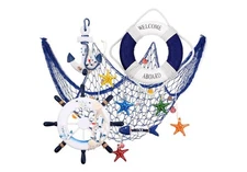 11 Pcs Wooden Nautical Wall Decor Fishing Net Decorations, Include Decorative Fi