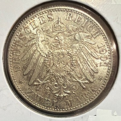 1901 Germany Wilhelm II 2 Mark 200th Anniversary Prussia AU  Silver Coin-KM525