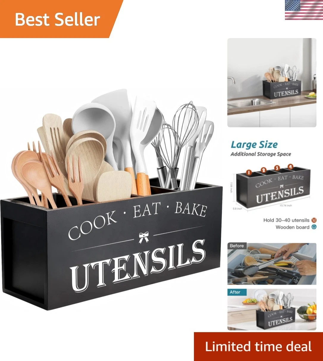 Extra Large Kitchen Utensils Holder with 4 Compartments, Wooden Utensil Organ...