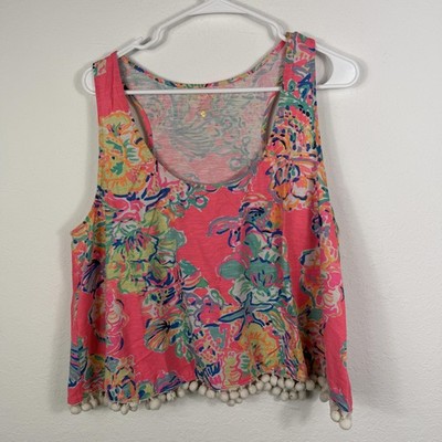 Lilly Pulitzer Tank Top Womens XL Pink Floral Tropical Pom Pom Hem Cropped Shirt
