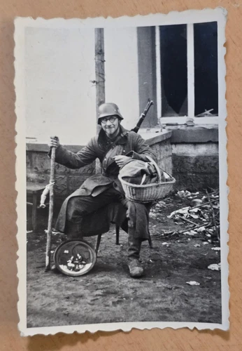 STEEL HELMET SOLDIER POSES w BASKET RIFLE STICK WW2 WWII German Military Photo