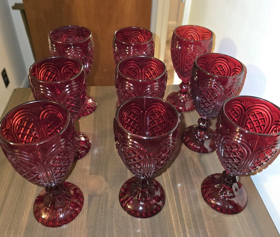Vintage Ruby Red Water Goblets Wine Glasses 7" Set of 9 New Unused - Image 4 of 4