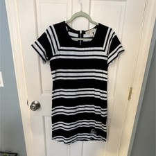 Michael Kors Women's Black White Striped Short Sleeve Shift Dress Beaded Logo S