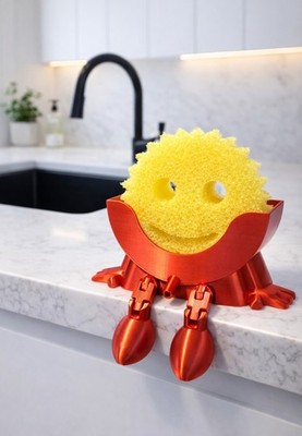 Scrub Daddy Sponge Holder, 3D Printed, Red, Moveable Legs, Kitchen Decor