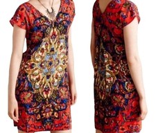 Anthropologie Maeve Red watercolor medallion mini shift dress Small 
