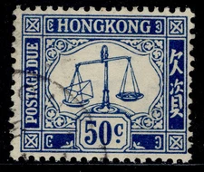 HONG KONG GVI SG D12, 50c blue, FINE USED. Cat £18.