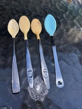 4 Vintage Baby Spoons Munchkin, Home 1st Years Blue, Cream Soft Tip Bite Coating
