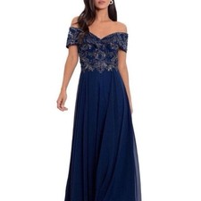 NWT Xscape Blue Beaded Off Shoulder Prom Formal Party Full Length Gown, Size 10.