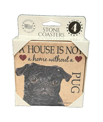 Cork Backed Stone Coasters ''A House is Not a Home Without A Pug'' - Set of 4