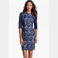 Eliza J Sz 4 Royal Collection Blue Lace Sheath Dress 3/4 Sleeve V Back PRISTINE