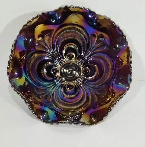 Imperial carnival azure amethyst glass scroll embossed 8" bowl vase vintage mcm