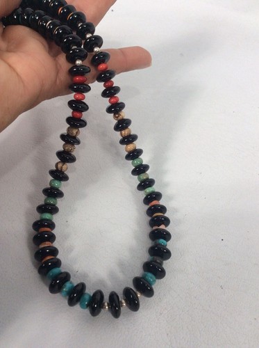 Native American Navajo Sterling Silver Turquoise Onyx Spiny Oyster Bead Necklace - Picture 4 of 6