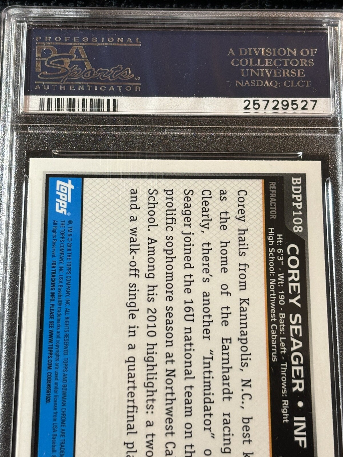 2010 BOWMAN CHROME COREY SEAGER DP+PROS REFRACTOR PSA 10 #108 view 7