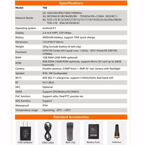 Anysecu T60 Android 8.1 4G Network Radio Work With Zello REAL-PTT Echolink GPS - Picture 6 of 9