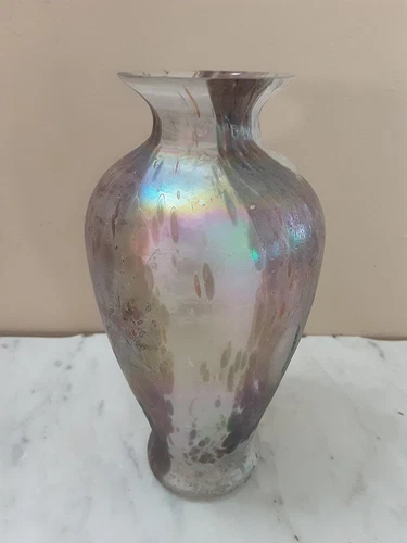  SILVESTRI  Rainbow Carnival  Iridescent  Frosted & Satin Art Glass 8"  Vase.
