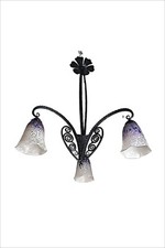 SCHNEIDER France lustre Art Deco, 3 tulipes en verre moucheté mauve, fer forgé