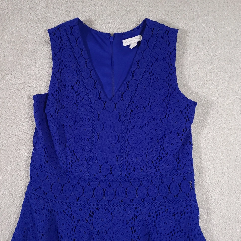 Charter Club Dress Women's PM Petite Blue Crochet Sleeveless V Neck Zip - Image 3 of 4