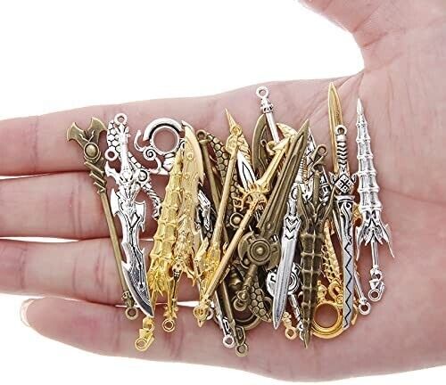 40 Large Sword Pendants Antiqued Silver Bronze Gold Medieval Themed Jewelry Set - Picture 1 of 2