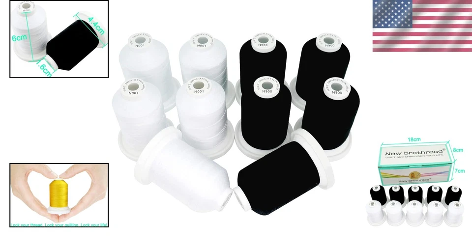 Multi-Purpose 600M Cotton Thread Set - 10 Spools in White & Black for Crafting - Image 2 of 4