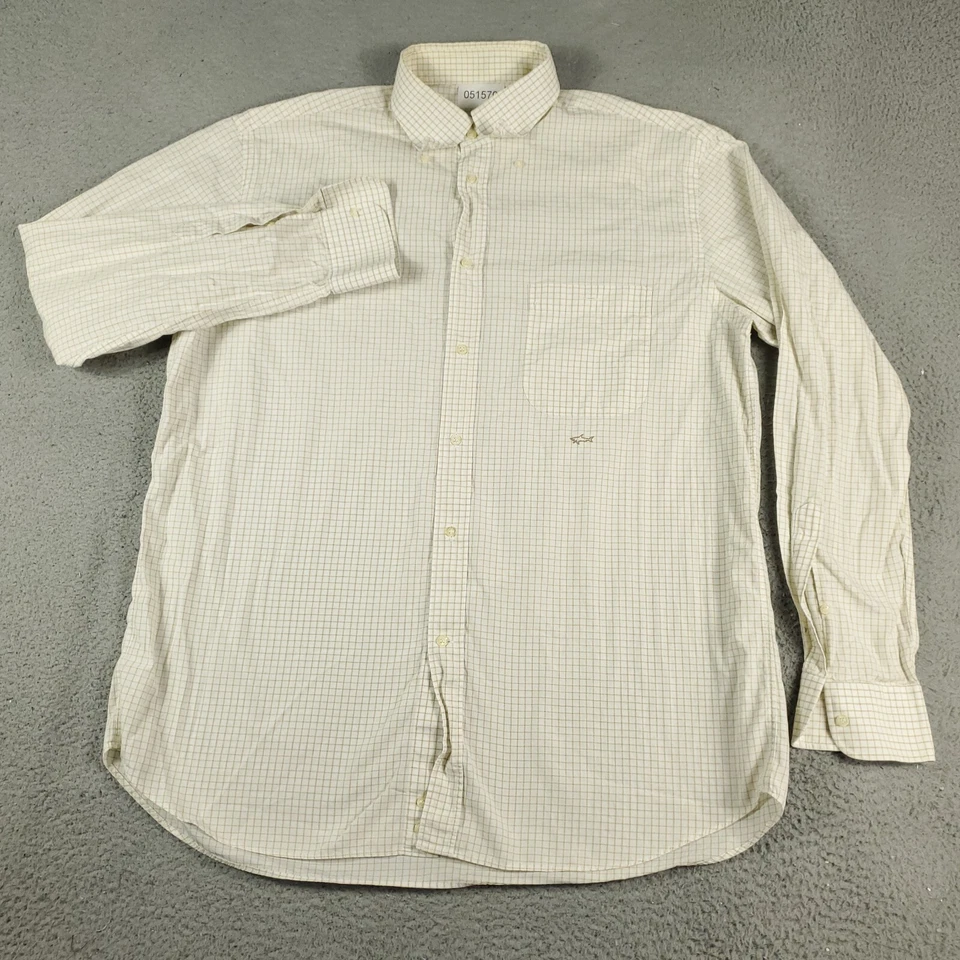 Camisa masculina Paul & Shark tamanho 17 bege xadrez amarela botão manga longa - Imagem 3 de 4