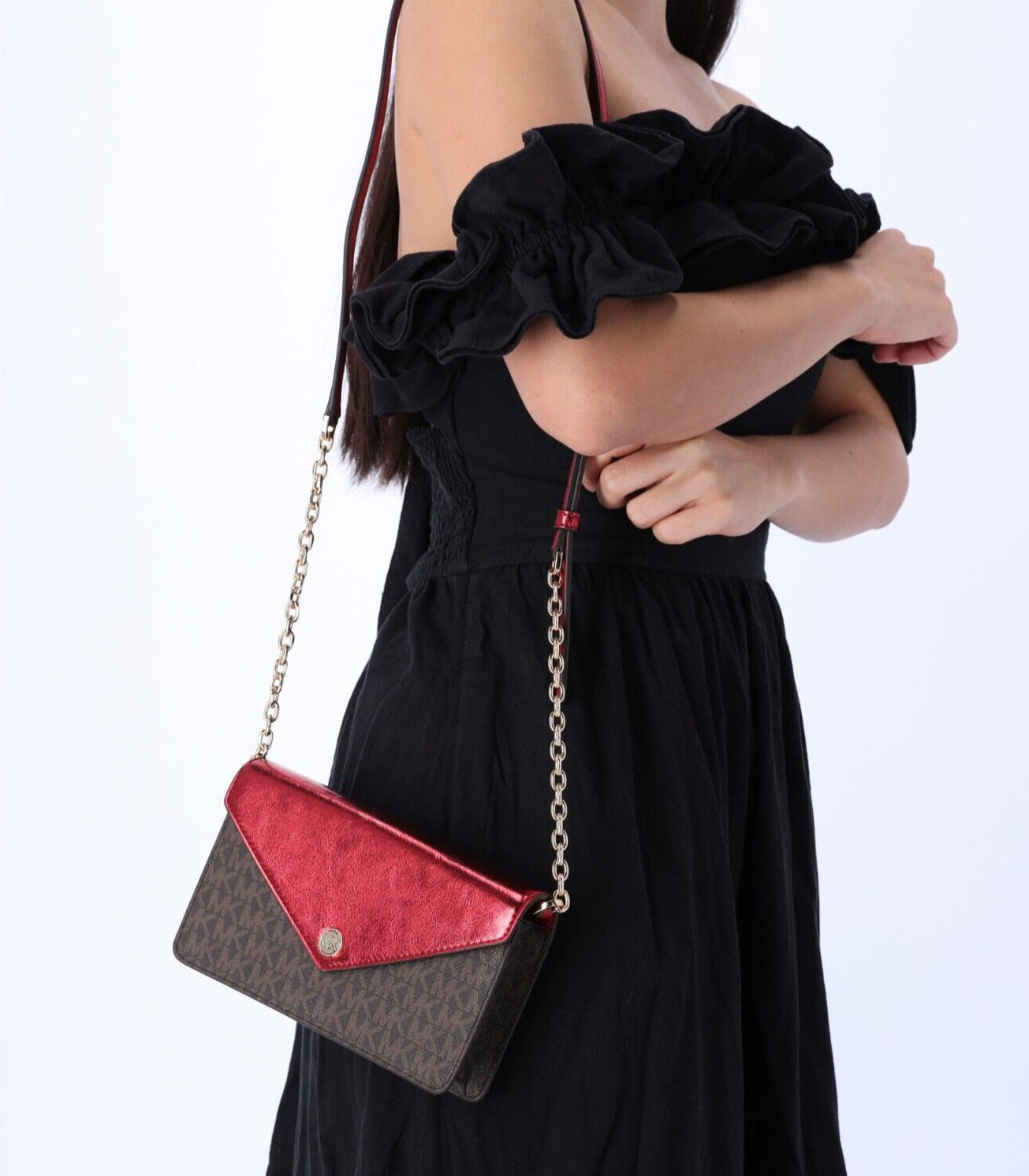 Michael Kors Jet Set Travel Small Signature Clutch Crossbody Brown Crimson Red