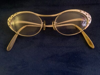 Vtg TURA Eyeglasses Rhinestones Cat Eye Golden Frames 50s 60s Retro