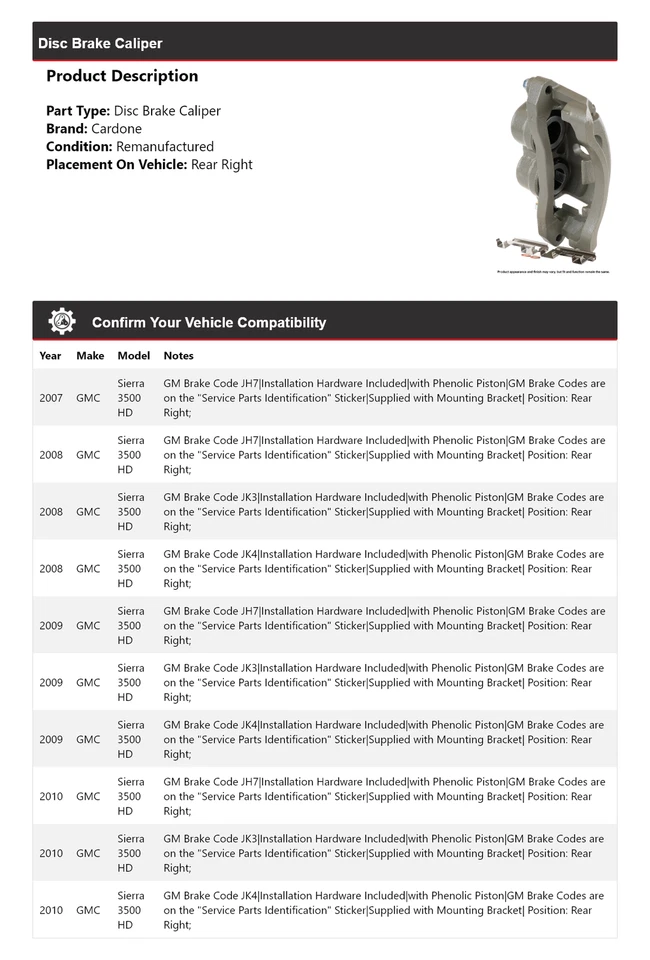 Pinza de freno de disco trasera derecha Cardone 2008 2009 para GMC Sierra 3500 HD 2007-2010 Foto 2 de 4