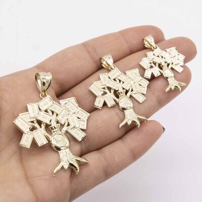 Diamond-Cut Money Bag Tree Pendant Real 10K Yellow Gold