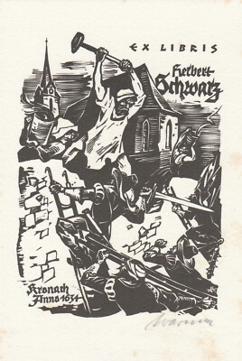 Exlibris - RUDOLF WARNECKE - For Herbert Schwarz - Signed - Storming the Wall