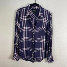 Rails Womens Small Navy Petal Pink Plaid Hunter Button Up Flannel Shirt Top