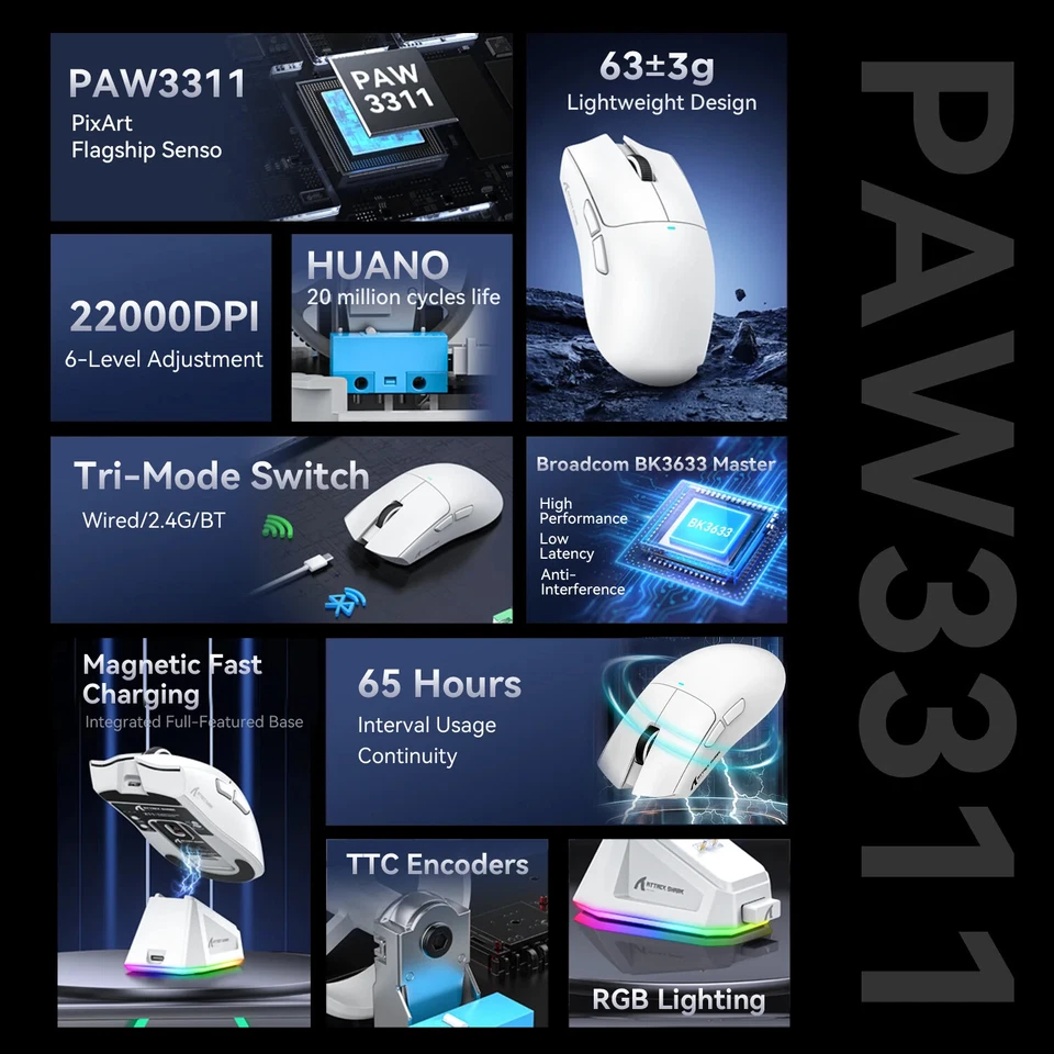 Tri-mode Gaming Mouse with Magnetic Charging Dock,PixArt PAW3311 Sensor, 22K DPI - Image 2 of 4