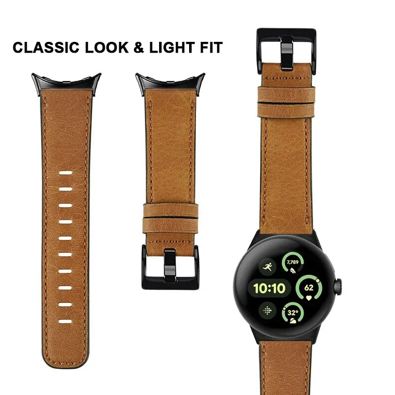 Retro Cowhide Leather Bands Watch Strap for Google Pixel Watch 3 45mm Wristband - Image 2 of 4