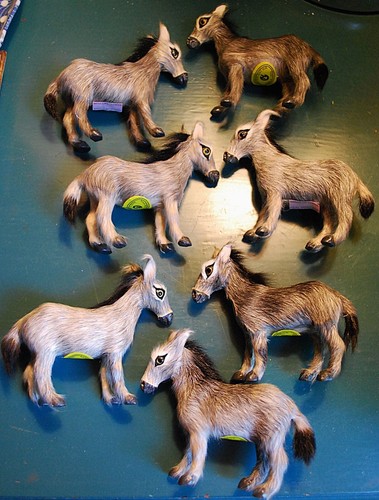 SET 7 Vtg 3.5" HANDMADE DONKEY BURRO FIGURINES Lifelike REAL GOAT FUR w Labels