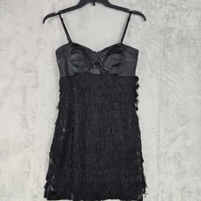 Aidan Mattox Flapper Dress Womens 6 Black Sweetheart Mini Satin/Fringe Combo 20s